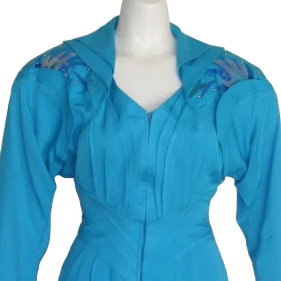 Avant Garde Dress, XS/S, VINTAGE, Aqua Blue, Statement Shoulders, Zip front, LS - Picture 2 of 15